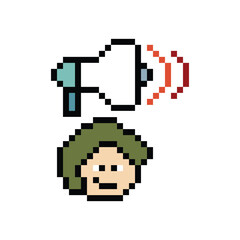 Fototapeta premium Pixel art cute cartoon character man with megaphone announcement speaker information announce decoration 8 bit male boy megaphone cartoon pixel game png vector.