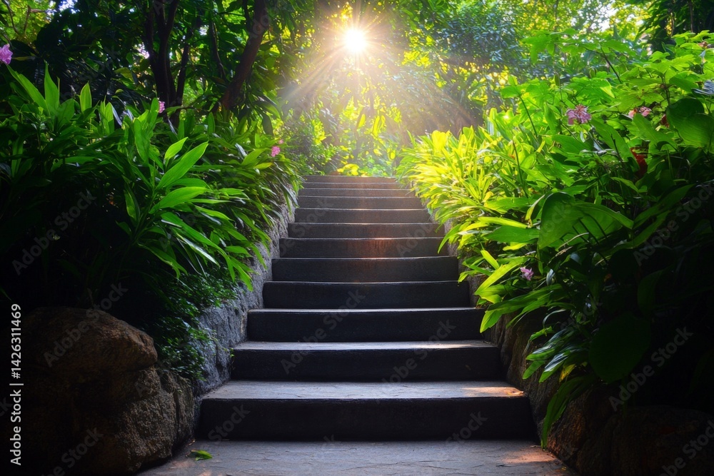 Poster Sunlight filtering through lush greenery over stone steps in a peaceful garden setting at dawn