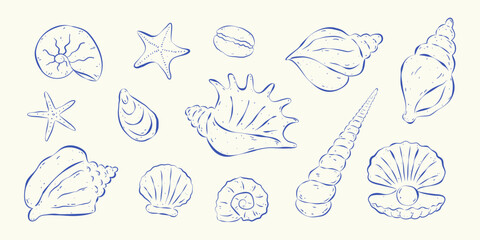 Collection of hand drawn outline seashells on white background. Shell, starfish and pearl. Flat vector illustration. Perfect for marine design, festive cards or banners.