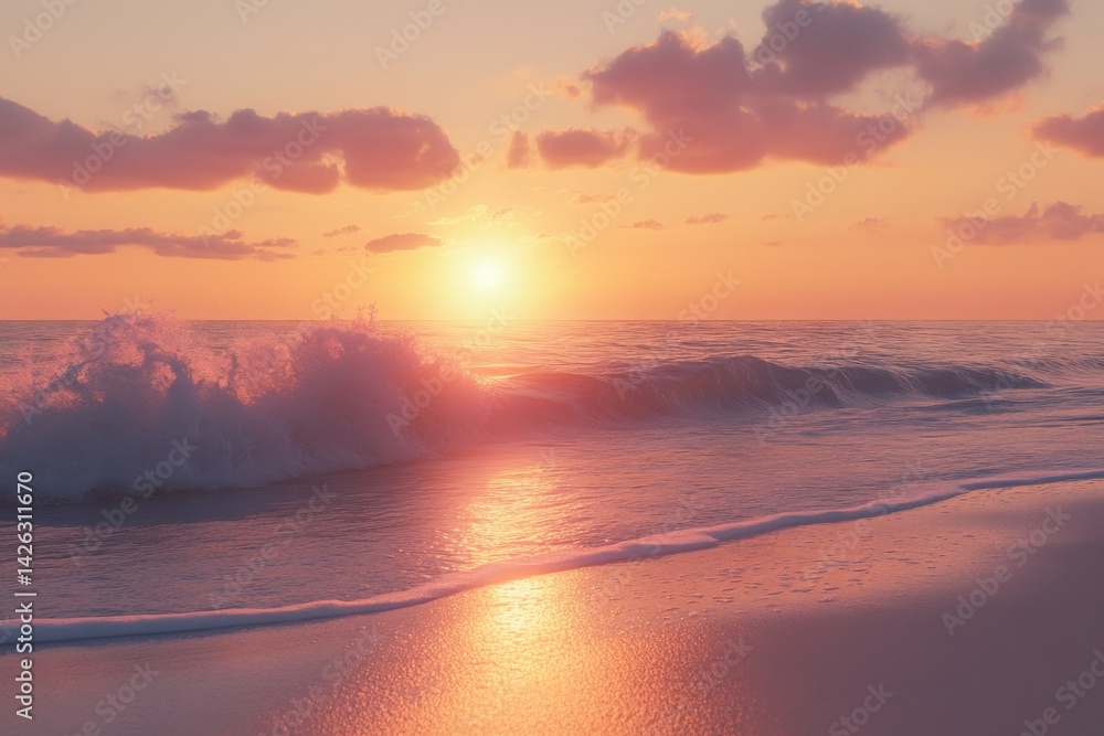 Poster sunset over calm ocean waves at a serene beach during twilight hours