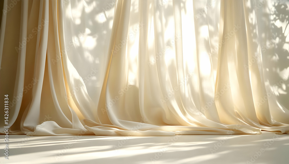 Poster soft, flowing fabric curtains gently swaying in the breeze, creating a serene and calming atmosphere