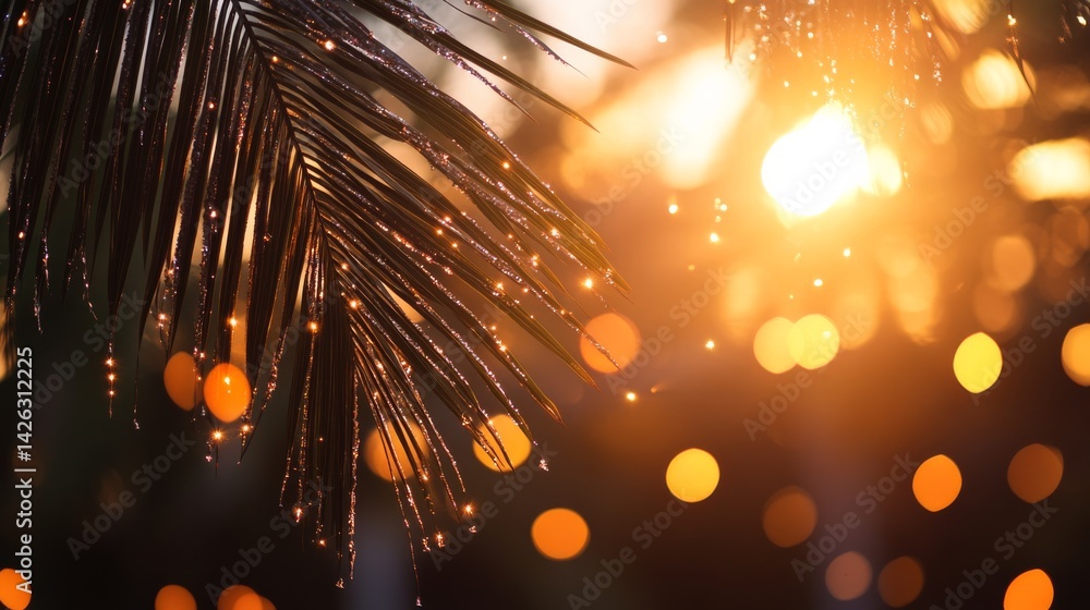 Aufkleber coconut palm tree branch decorated with shimmering tinsel and silver ornaments, creating a festive a