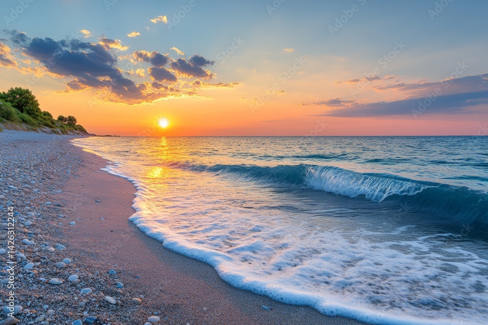 Aufkleber Beautiful sunset over calm ocean waves at the beach with smooth sand and gentle clouds in a serene atmosphere