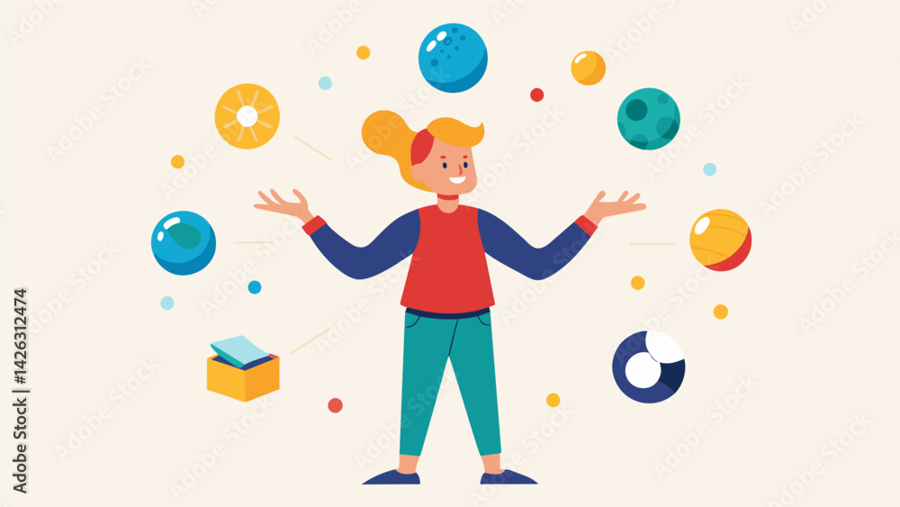 Poster a person juggling multiple balls labeled with different aspects of life such as career relationships