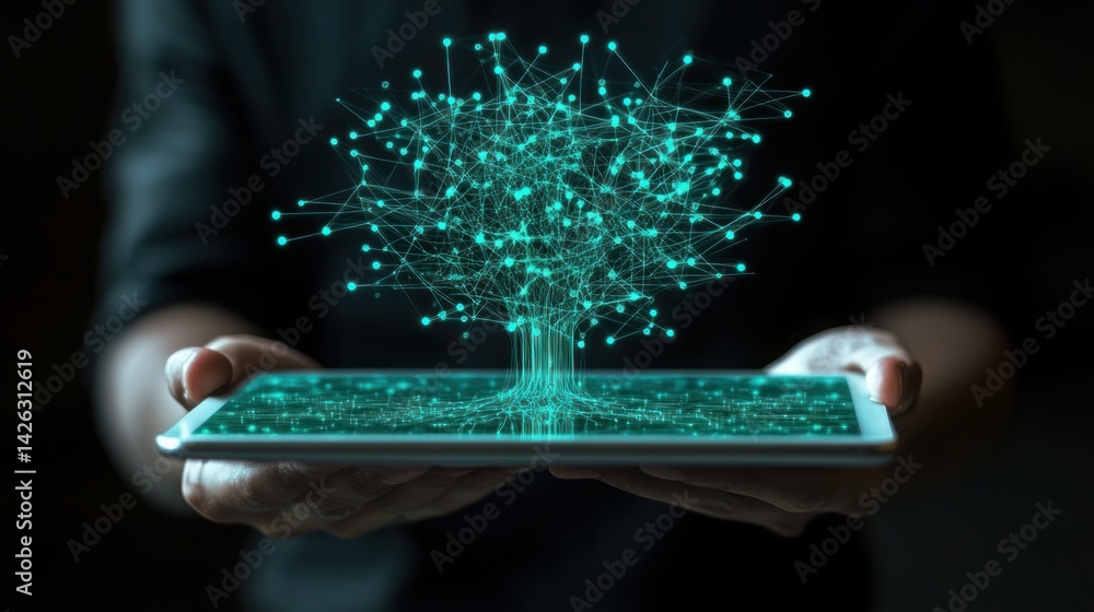 Aufkleber hands holding tablet displaying digital tree network