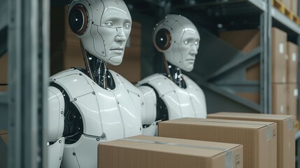 Autonomous humanoid robots working in logistics warehouse, efficiently managing packages. AI-powered robotic workforce optimizing modern supply chain and industrial automation.