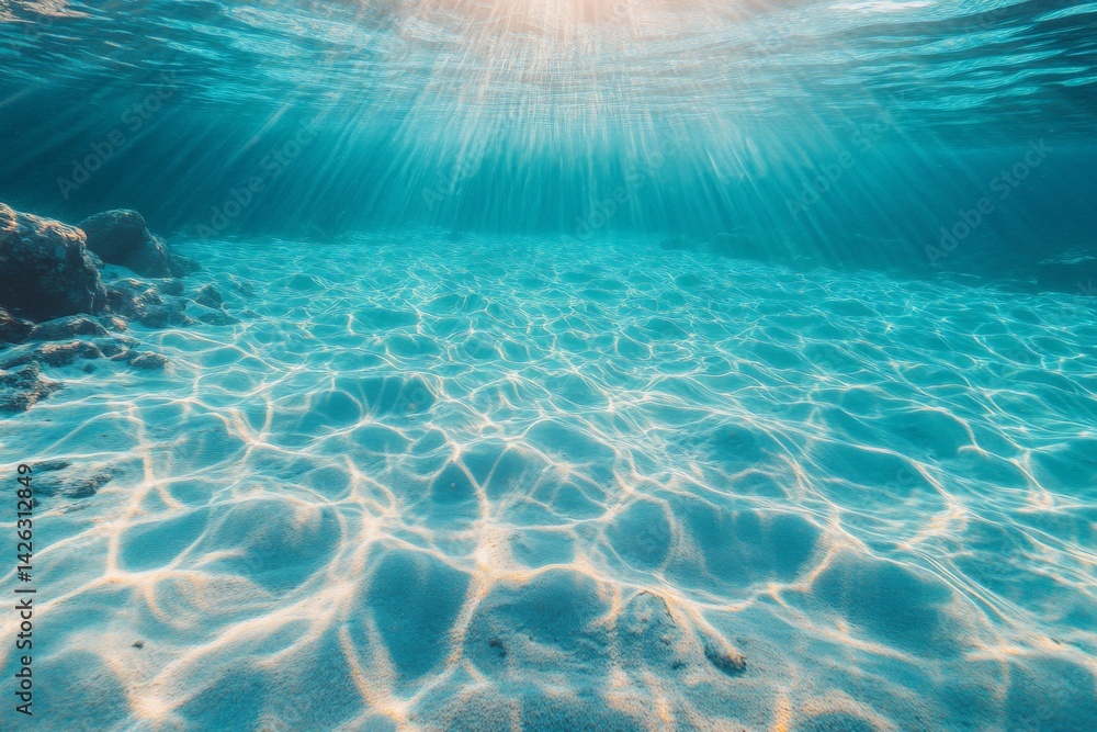 Poster underwater view of tranquil ocean surface with rays of sunlight illuminating sandy seabed at midday