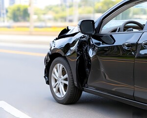 Severely damaged black car after a collision, front end and door crushed
