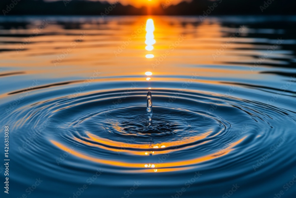 Poster Sunset reflection on water with ripple effect created by a single drop falling at a serene lake