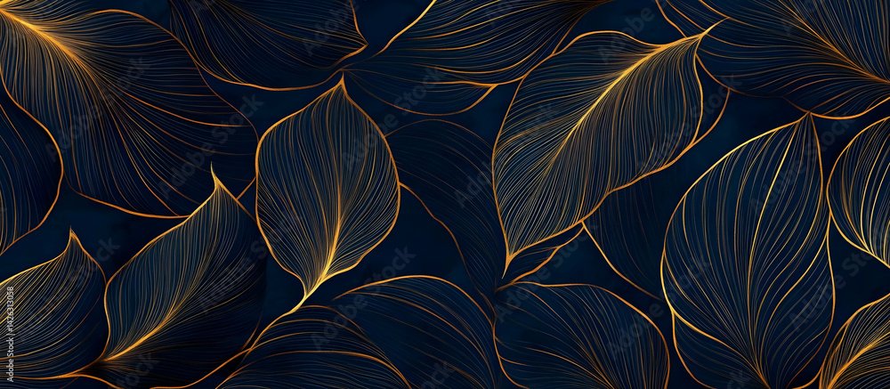 Poster a stunning close-up of intricate leaf patterns on a dark background, showcasing delicate gold outlin