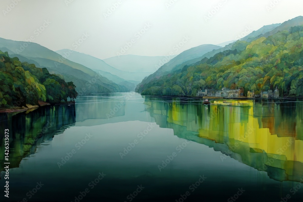 Poster reflections of serene mountains and greenery on a calm river during dawn