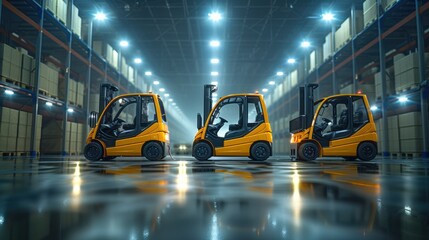 Advanced automated forklifts inside modern warehouse under bright LED lighting. High-tech industrial facility optimizing logistics efficiency and enhancing smart storage management operations.