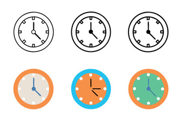Assorted clock illustrations in simple line art style, useful for time based projects, education, and digital themes, line art icon set