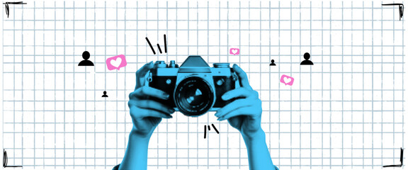 Vector collage banner. With the hands of the photographer who holds the banner. Social Media. Halftone style. Smm funnel to attract followers and likes on IG