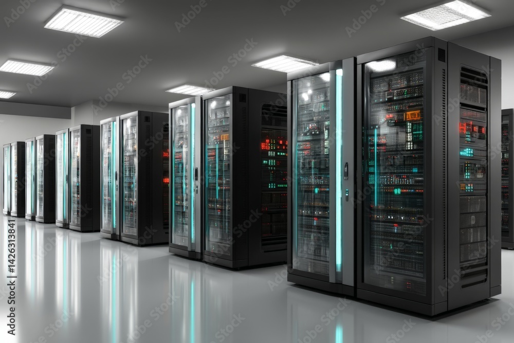 Leinwandbilder data center with rows of server racks illuminated by led lights at night