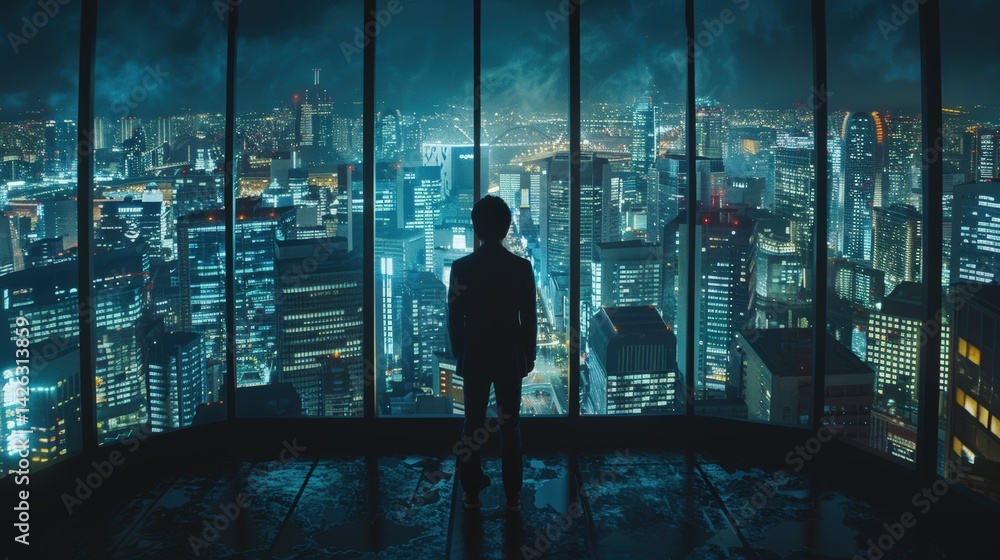 Poster business strategist standing before city skyline analyzing blockchain integration for decentralized 