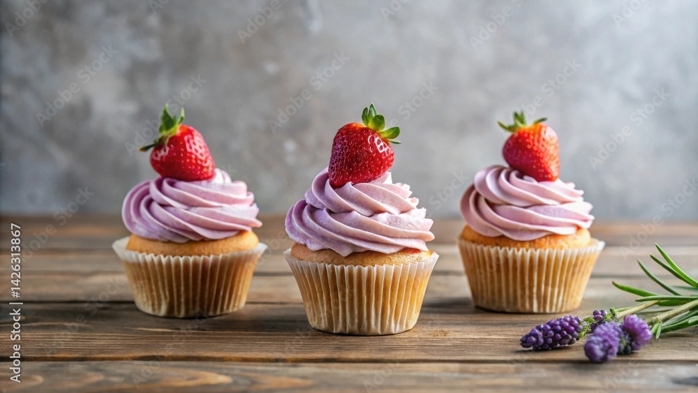Aufkleber three delectable cupcakes with lavender frosting and fresh strawberry toppings arranged on a rustic 