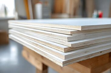 A close-up view of stacked plywood sheets on a wooden table in a workshop, emphasizing craftsmanship and construction materials used in various projects.