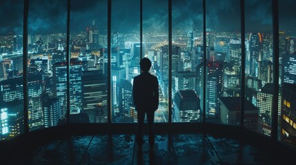 Business strategist standing before city skyline analyzing blockchain integration for decentralized e-commerce, financial security, digital transformation, and AI-driven market strategy in global.