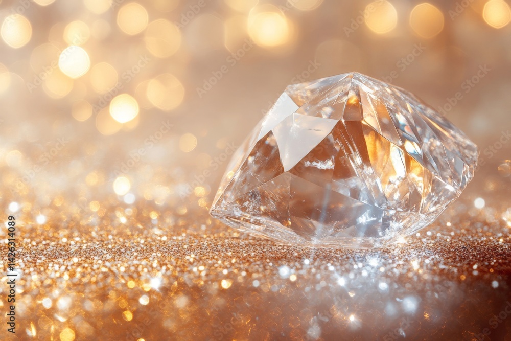 Aufkleber Sparkling diamond resting on a golden surface with blurred bokeh lights in the background