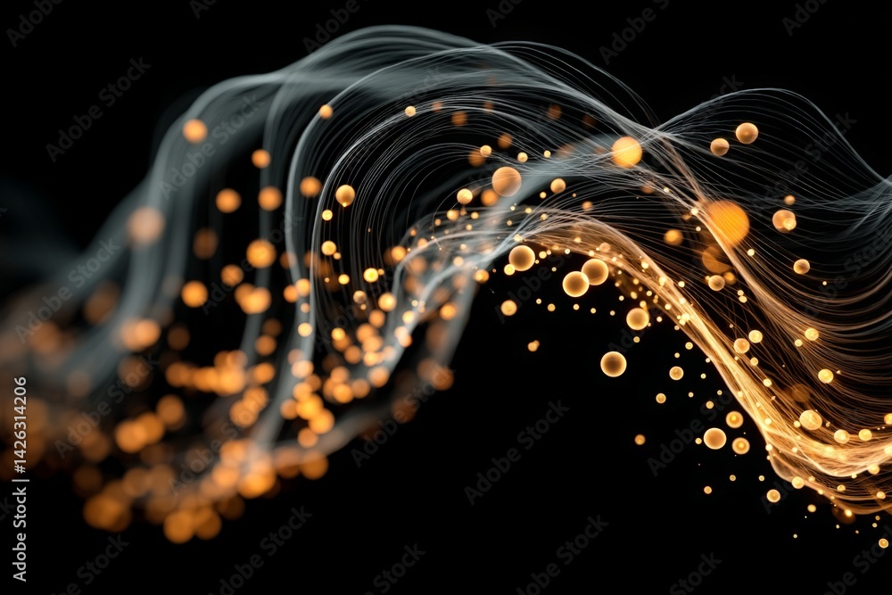 Poster Dynamic swirl of golden particles on a dark background creating a mesmerizing visual effect in motion
