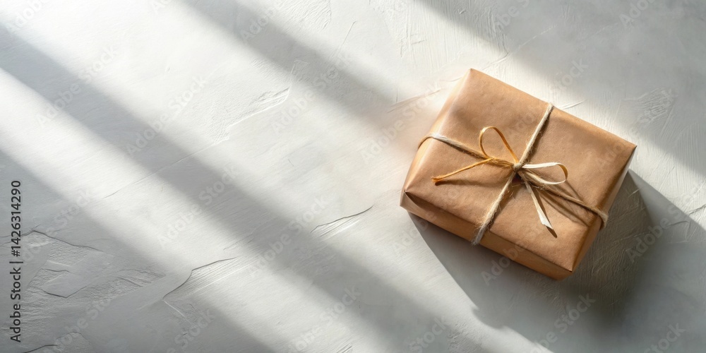 Poster sunlit rustic gift package with simple string bow