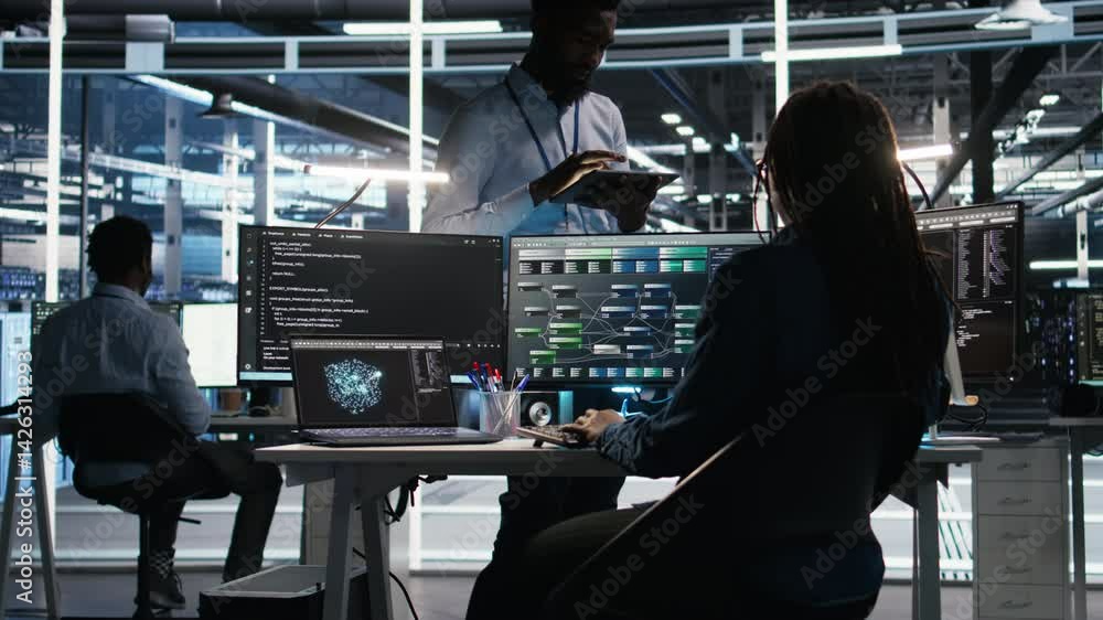 Poster server hub manager talking with programmer using node tree software to optimize system health. data 