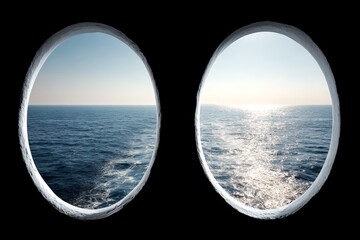 Views of tranquil ocean waters from cabin portholes during bright sunlight