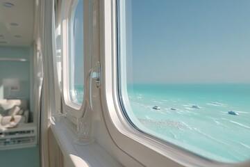Naklejka premium Scenic view of turquoise waters from a modern coastal apartment overlooking a beach on a sunny day