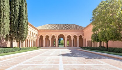 Obraz premium Sunlit courtyard with Moorish architecture, arched colonnades, and manicured landscaping