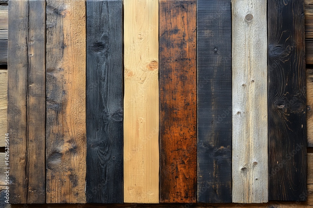 Poster wooden panel background showcasing various textures and colors arranged in vertical stripes in natur