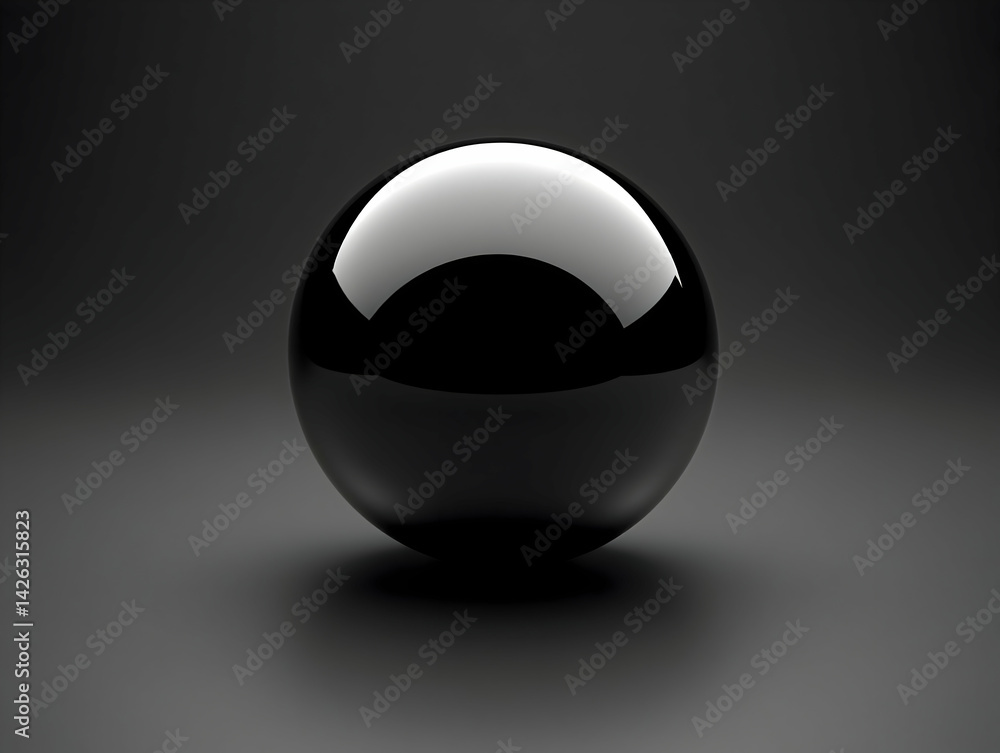 Poster a shiny black sphere sits on a gray surface with a slight gradient and light reflection