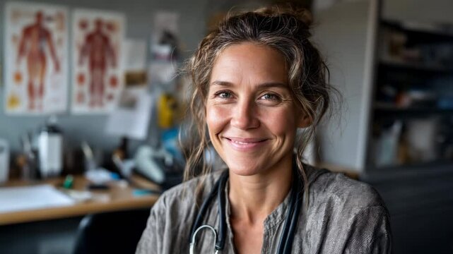 Portrait of a female doctor with a stethoscope, seated in her medical office with anatomical charts in the background, looking calm and confident in a professional healthcare setting &ndash; Generative AI