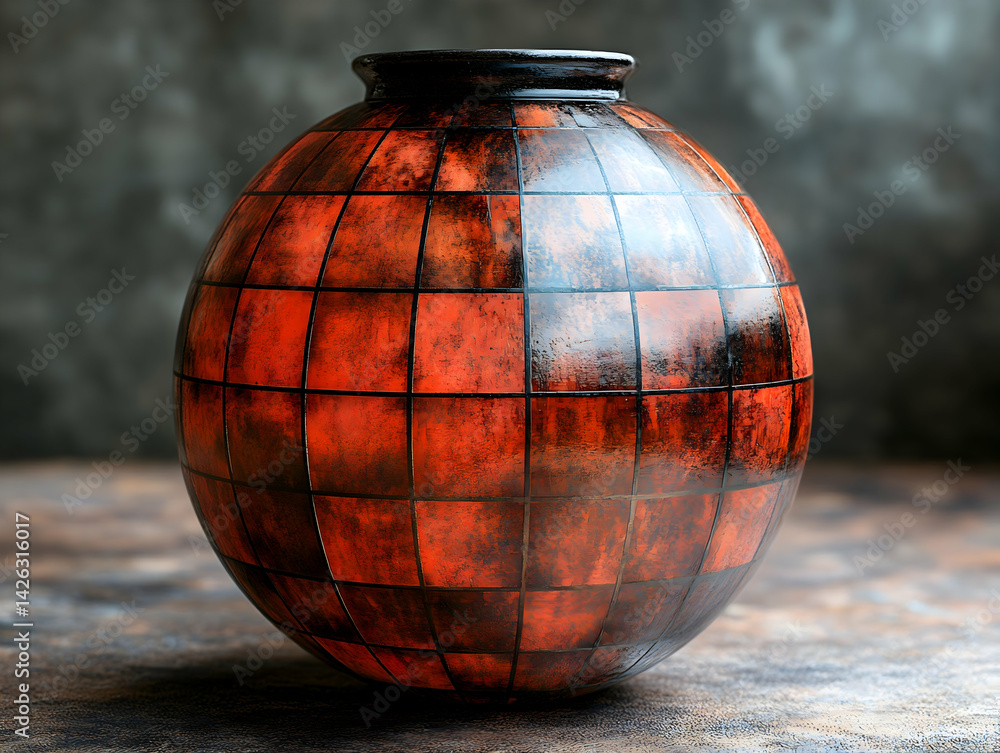 Poster a spherical vase with a grid pattern red and brown tones sits on a textured surface