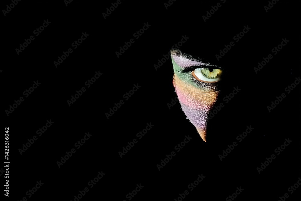 Poster Mysterious gaze of a person with colorful face paint in a dark setting captures attention and curiosity