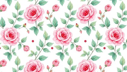 Delicate watercolor roses, leaves & buds, repeat pattern , vintage, nature, delicate
