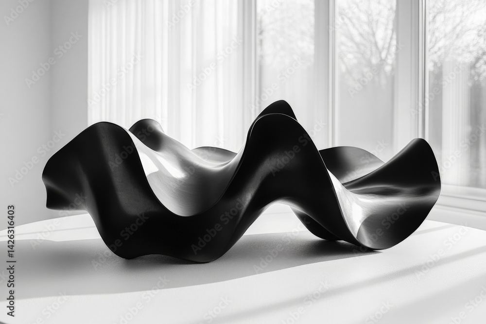 Poster sleek modern sculpture displayed on a table in a bright, minimalist room with large windows