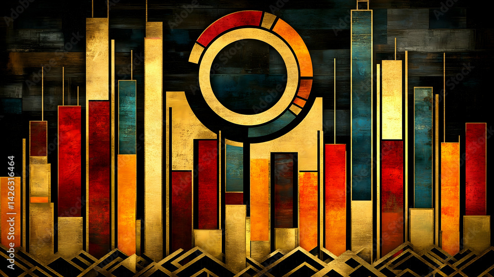 Poster abstract city skyline with colorful bars and circular design on textured dark background