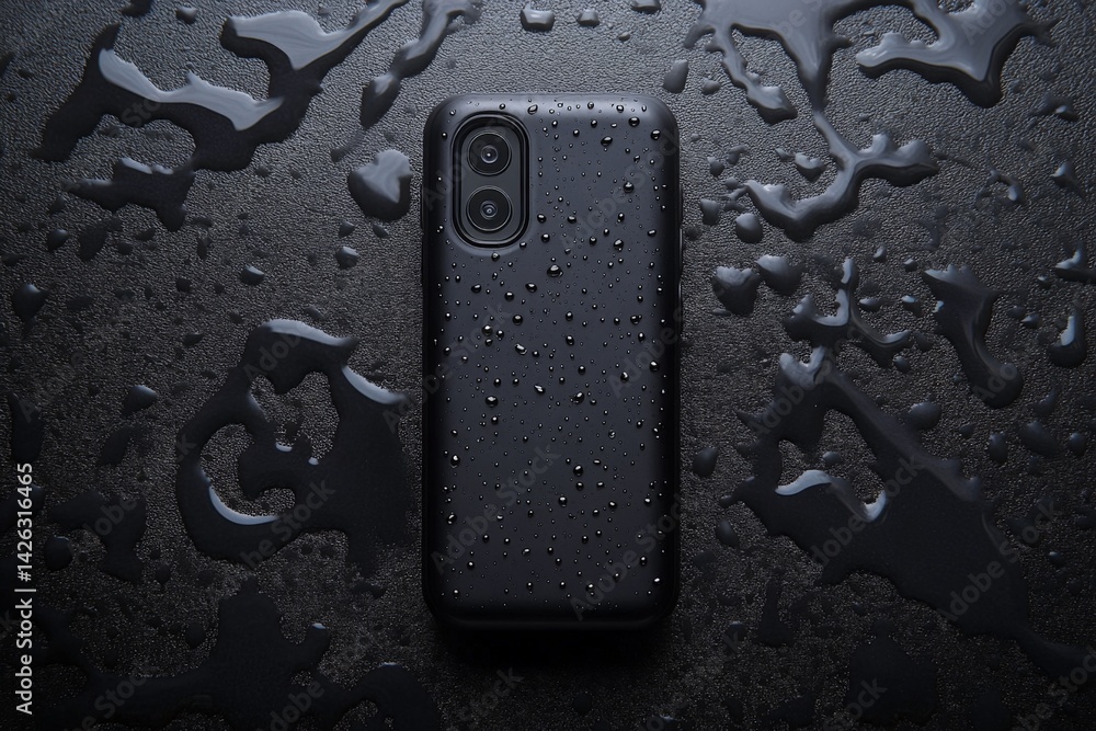 Poster water-resistant smartphone case with droplets on a dark surface showcasing durability and protection