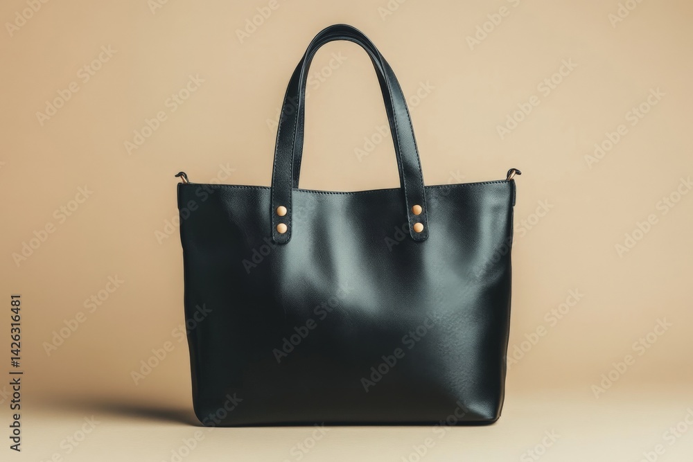 Poster sleek black leather tote bag displayed against a warm neutral background showcasing elegant design a