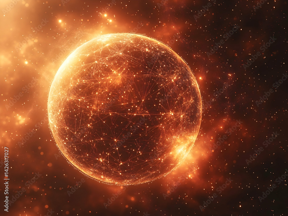 Poster an glowing sphere in space surrounded by glowing particles and lines