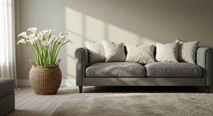 Naklejka premium Serene Living Room Calla Lily Arrangement - Peaceful living room interior design featuring a grey sofa, soft rug, natural light