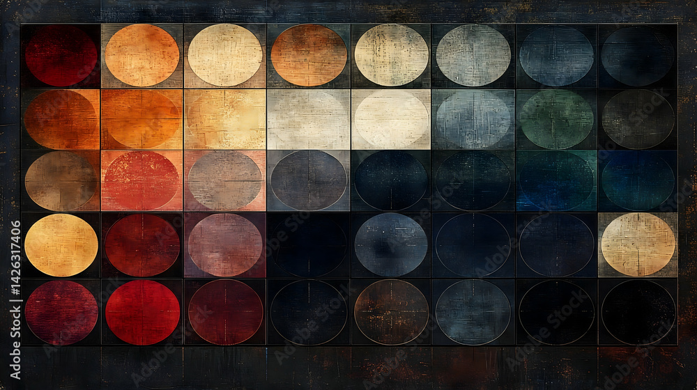 Poster a grid of circles fading from red to black with textural qualities inside each
