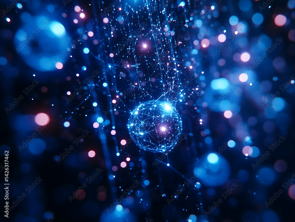 Poster blue network sphere with connected lines glows among blurred circles of light in a dark abstract bac
