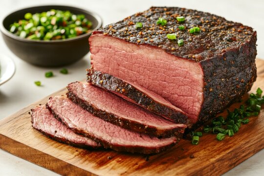 Perfectly sliced smoked brisket served on a wooden board with fresh green onions and dipping sauce