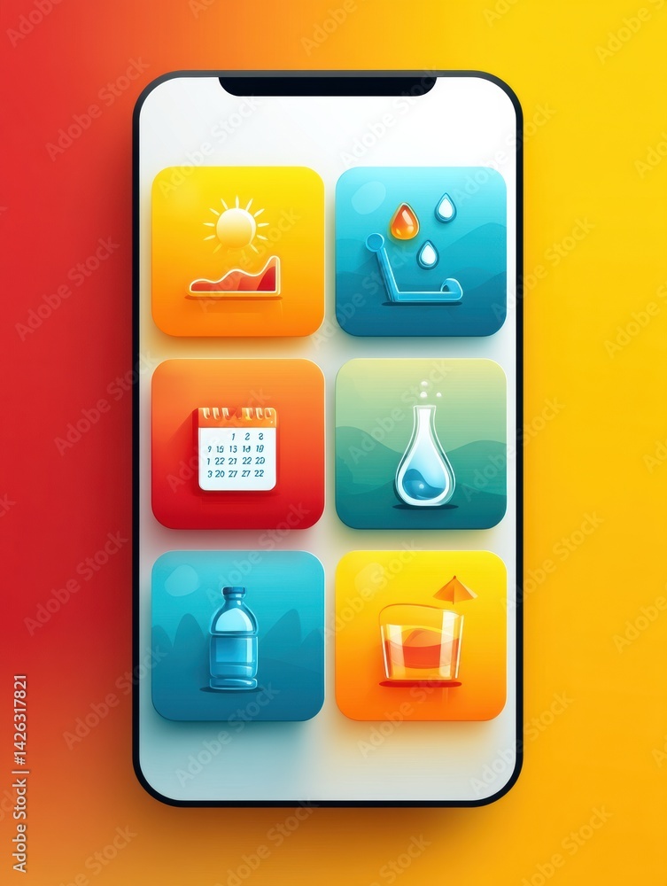 Poster modern mobile calendar app displaying exercise and hydration features with vibrant gradient backdrop