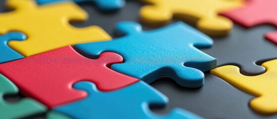 Fototapeta premium Close-up of colorful jigsaw puzzle pieces on a dark background.