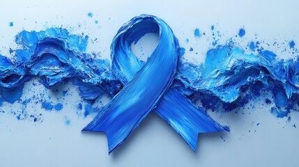 A creative blue awareness ribbon surrounded by dynamic splashes of paint, symbolizing hope and support for various causes.