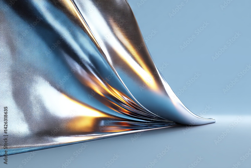 Poster shiny metallic fabric flowing gracefully on a smooth blue surface with reflections of light