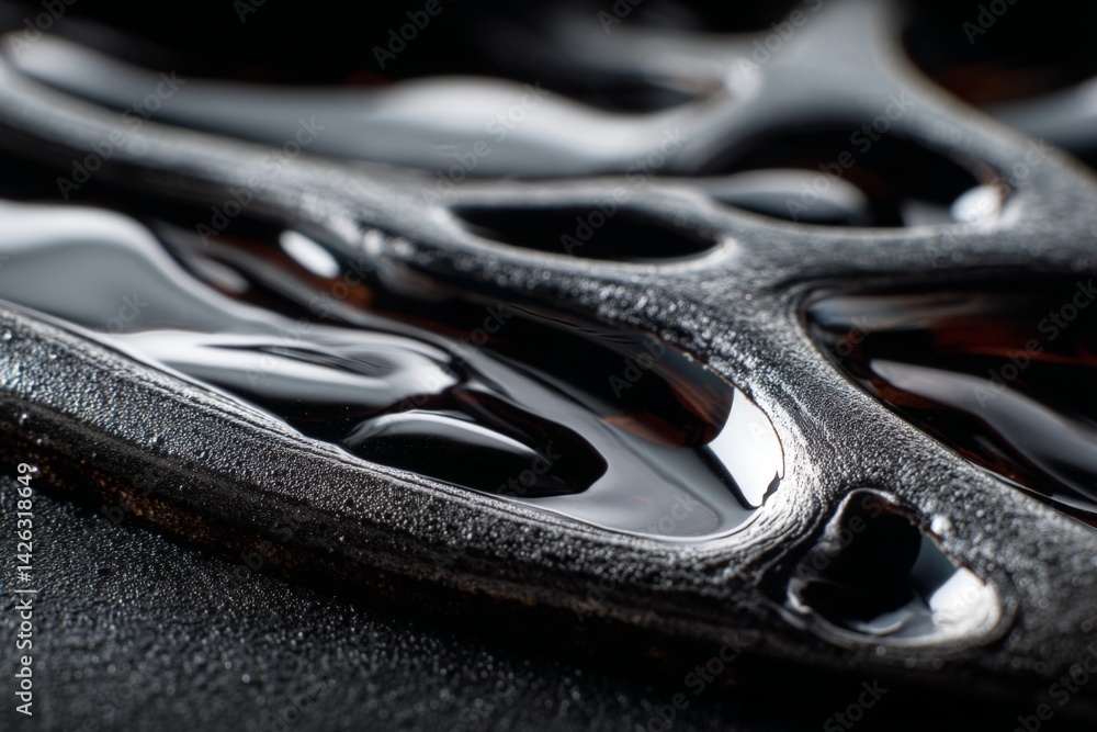 Poster Close-up view of glossy black liquid spreading over a textured surface, showcasing intricate patterns and reflections